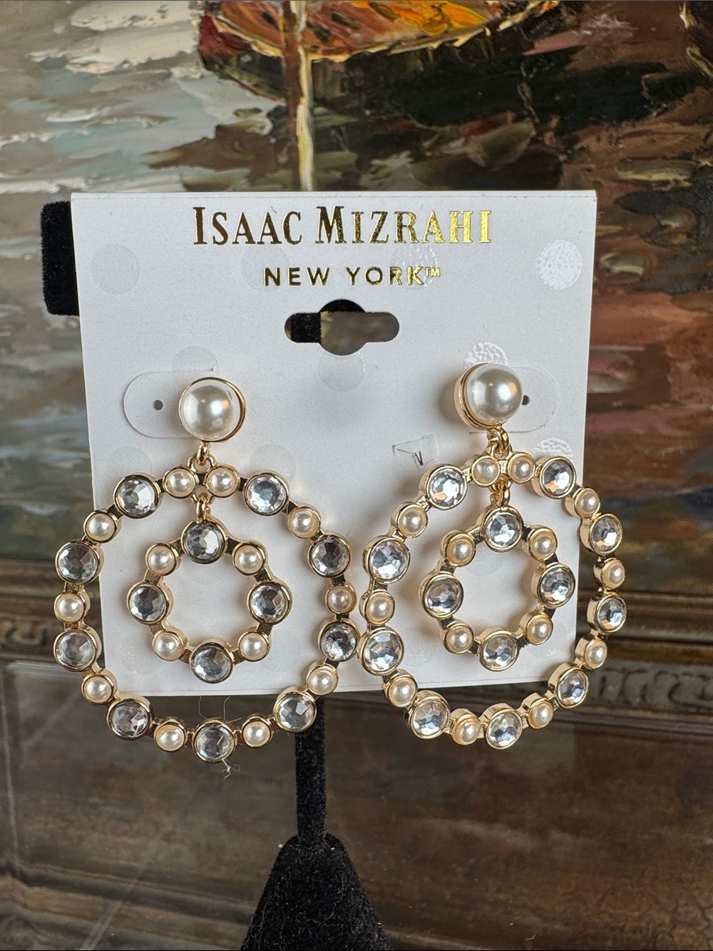 0605-Isaac Mizrahi Gold-Tone Pearl and Clear‎ Crystal Double Hoop Earrings